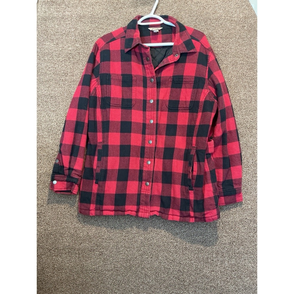 Duluth Trading Co Women Flannel Shirt Jacket Red Black Buffalo Plaid L Lined